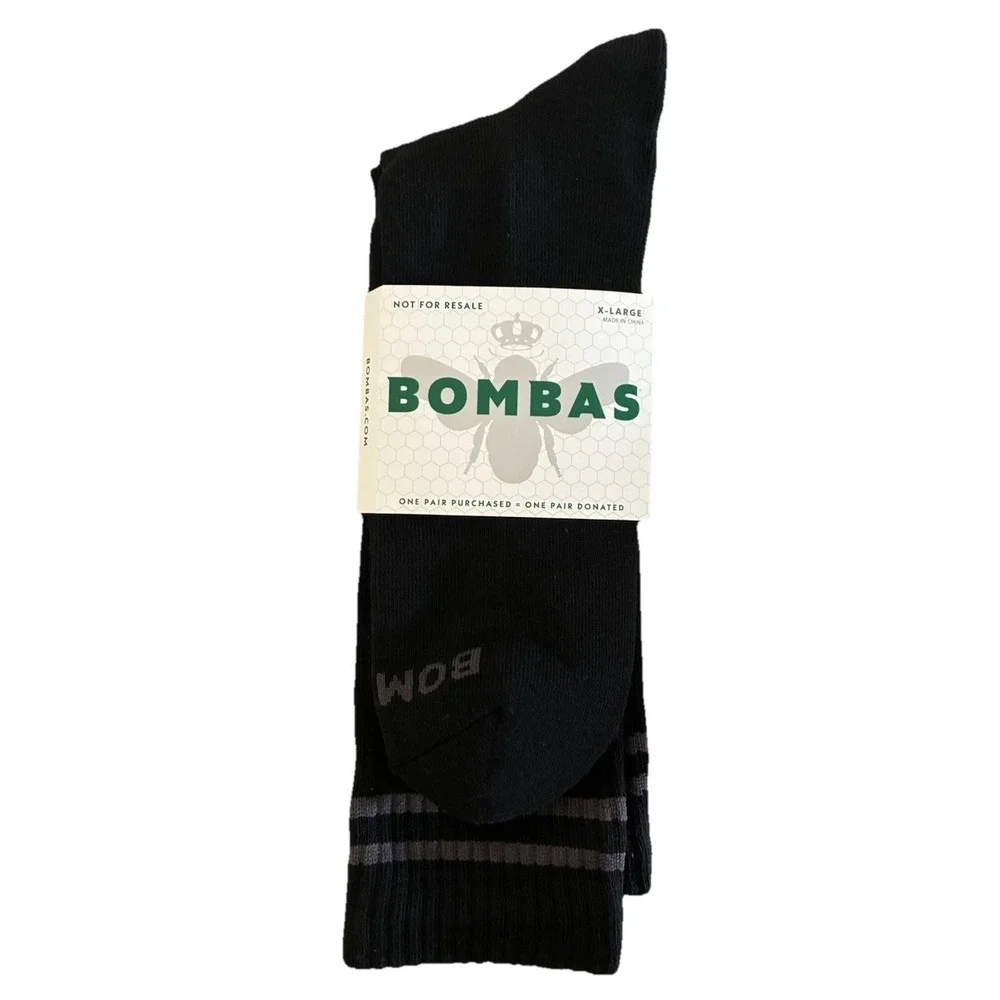BOMBAS Socks Men's XL Black Gray Stripe Calf Logo‎ (US 13.5-16) NEW Lot Of 3